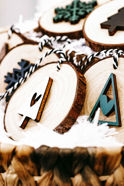 Wood slice ornaments with tree and letter A designs, string hangers, part of set