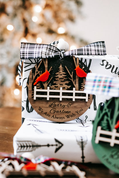 Personalized cardinal memorial ornament with plaid bow, red cardinals, snowy pattern