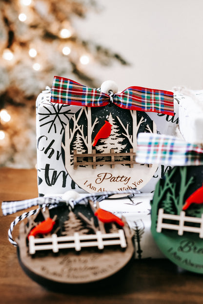 Personalized cardinal memorial ornament with plaid bow, red cardinals, forest scene and name text