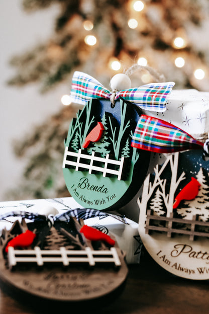 Cardinal memorial keepsake ornament with plaid bow and fence scene; Brenda name