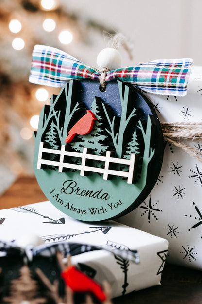 Cardinal memorial keepsake ornament with plaid bow; cardinal and fence design; Brenda