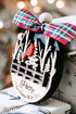 Cardinal memorial keepsake ornament with plaid bow, fence and trees; Patty name