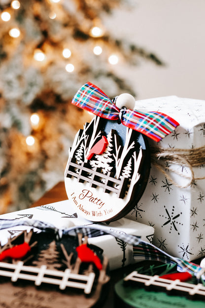 Cardinal memorial keepsake ornament with plaid bow and fence scene; Patty text