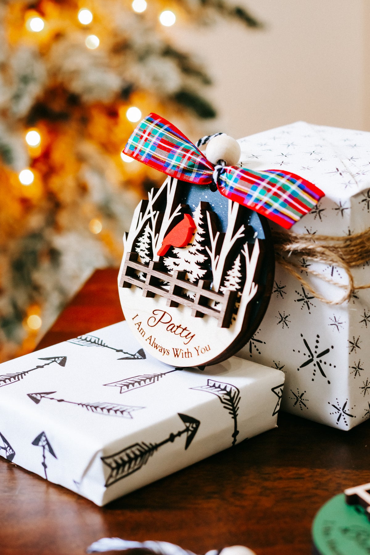 Cardinal memorial keepsake ornament with plaid bow, cardinal and fence; Patty message