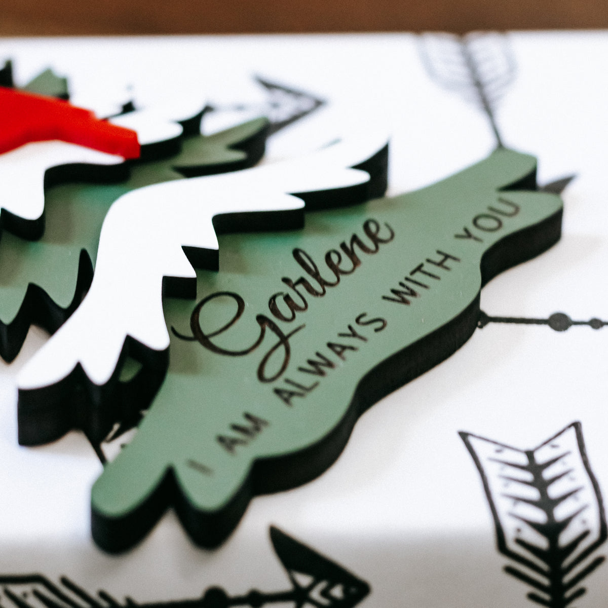 Layered evergreen memorial ornament with gold script name and “Always with you” text
