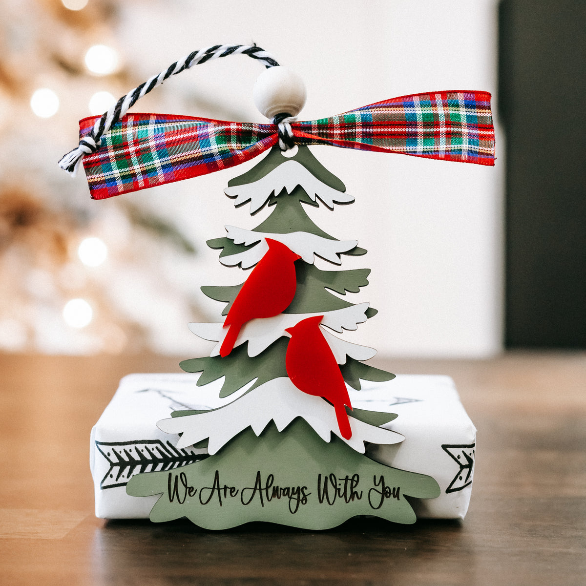 Cardinal tree memorial ornament with plaid bow, white layered trees, red cardinal details