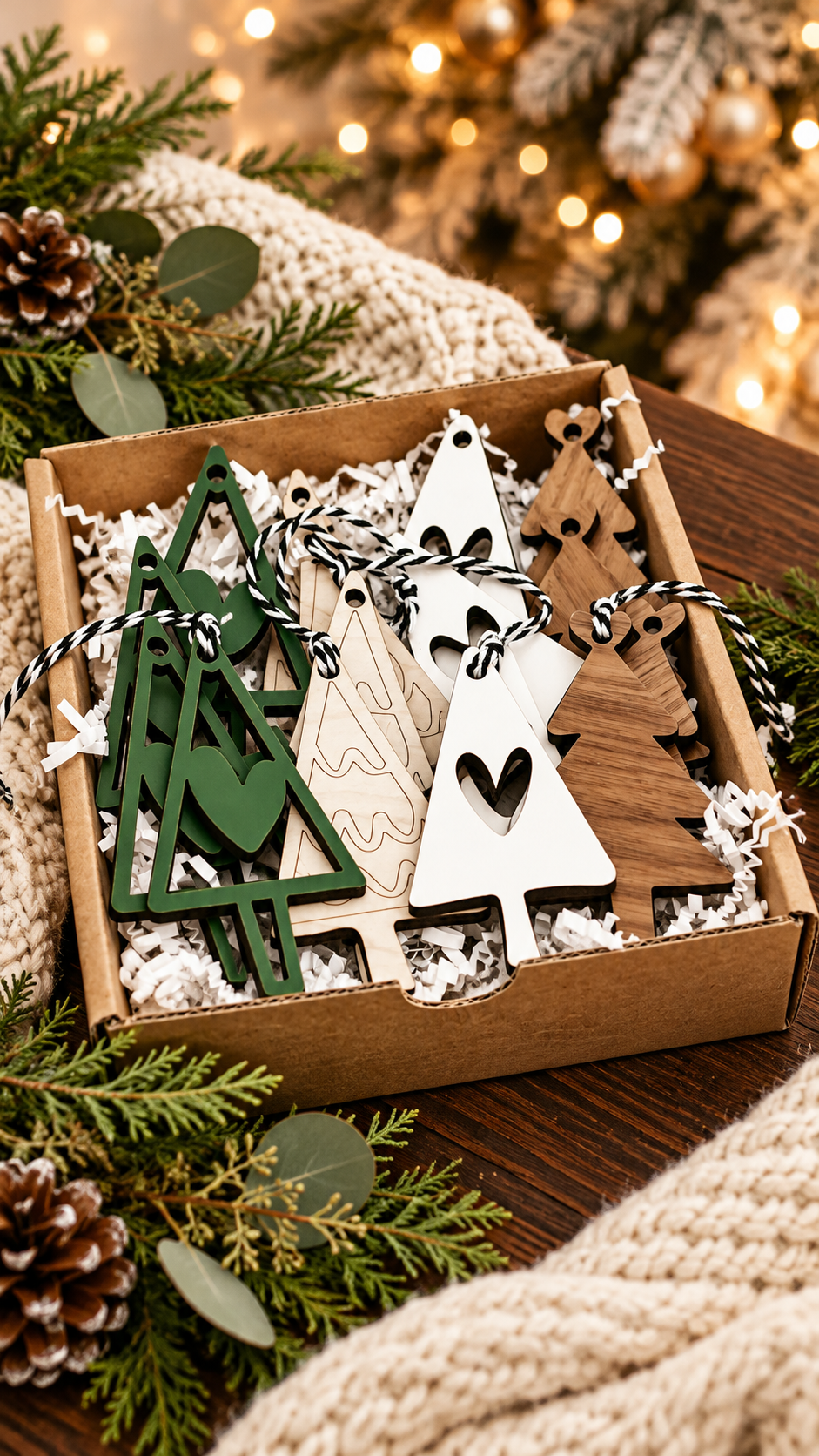 Wooden Christmas ornament set in a tray with green trees, white triangles, and brown tags