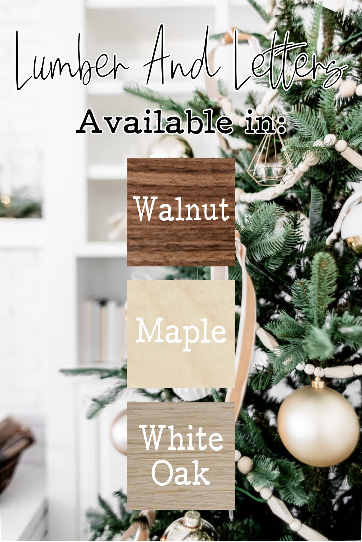 Wood ornament color samples: walnut, maple, and white oak rectangular pieces