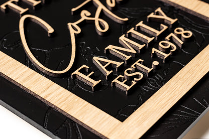 Framed arch family name sign with gold lettering and decorative arch outline