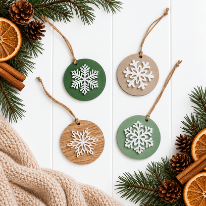 Set of round wooden snowflake ornaments with green and natural wood, white cutouts, twine hangers