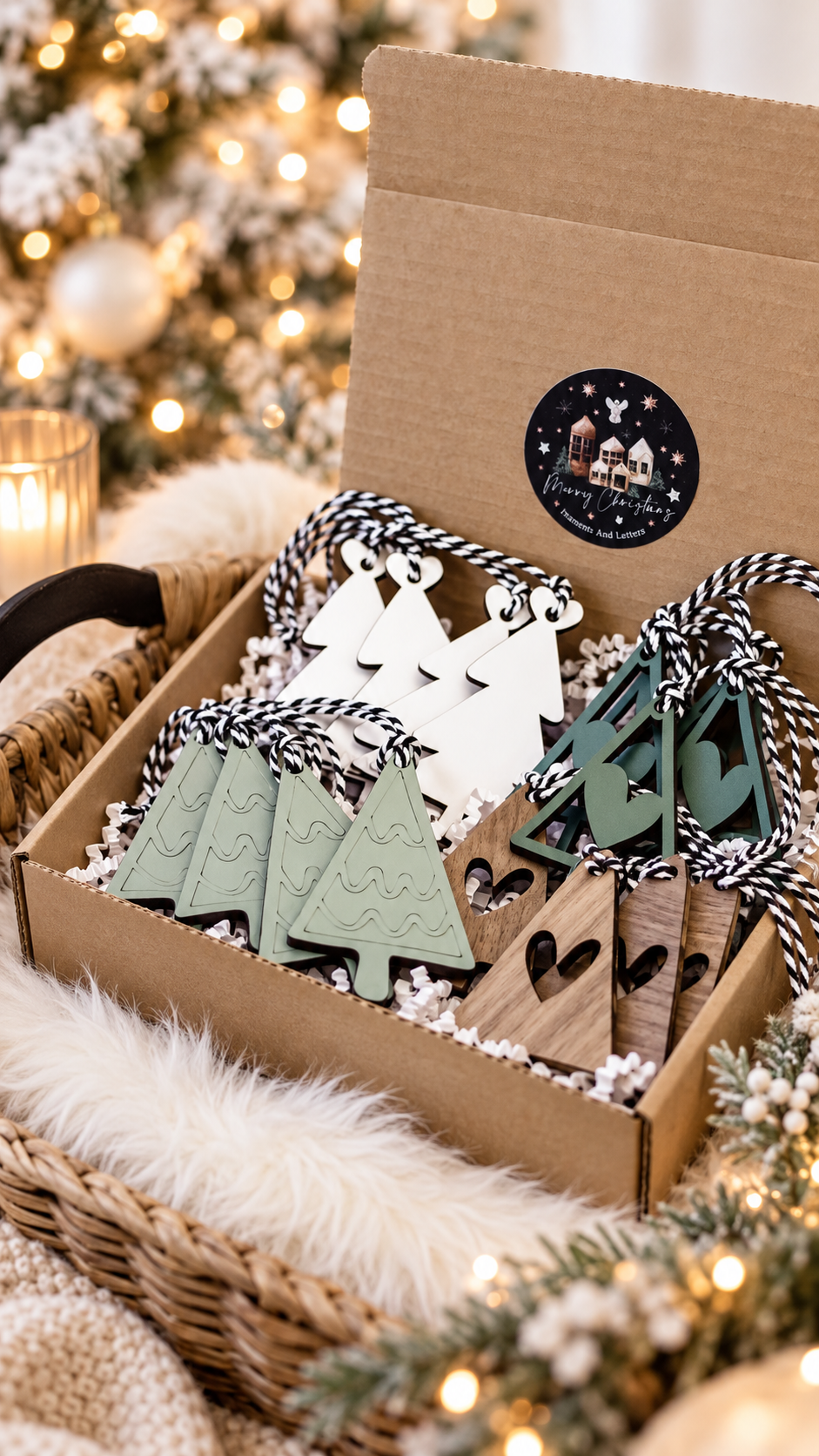 Farmhouse Christmas tree ornament set in cardboard box with striped hangers, green and white trees