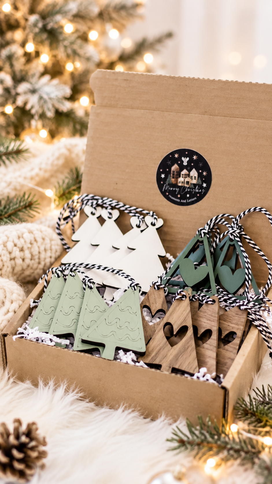 Farmhouse Christmas ornament set in box with green tree cutouts, hearts, and striped hangers