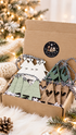 Farmhouse Christmas ornament set in box with green tree cutouts, hearts, and striped hangers