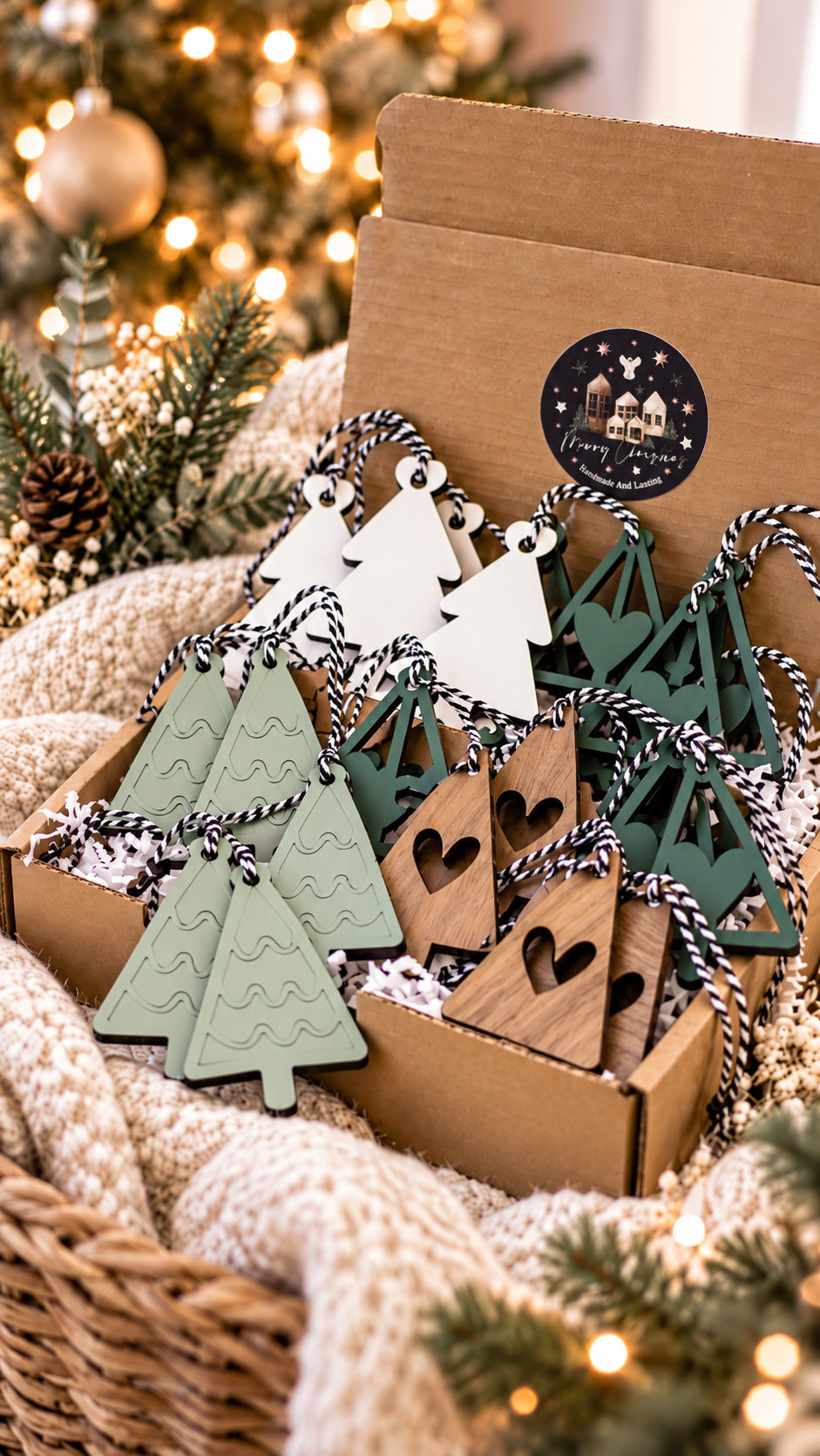 Farmhouse Christmas tree ornament set in cardboard box, mix of green trees and heart tags