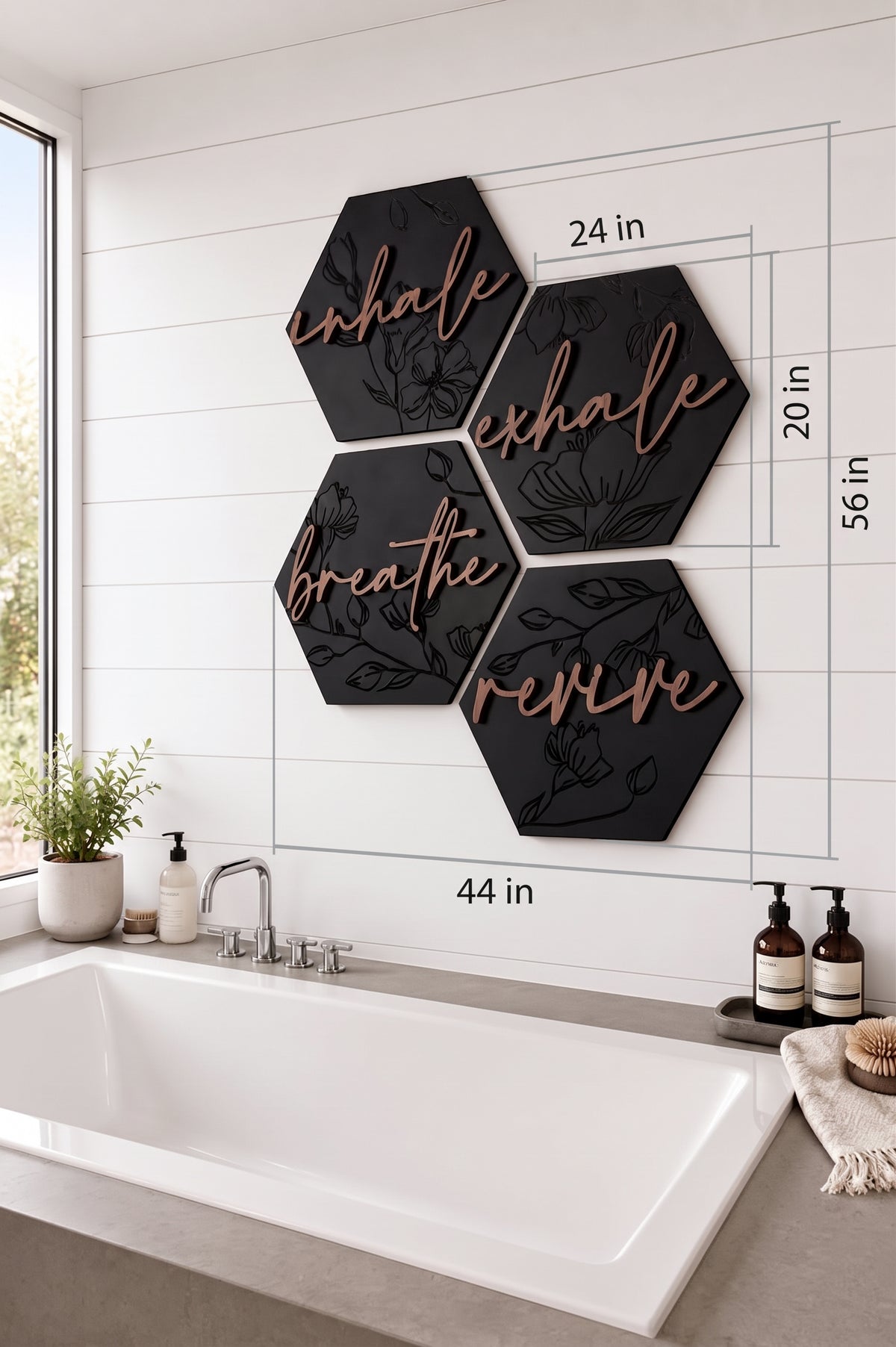 Black hexagon wooden wall art set with engraved floral linework and script text