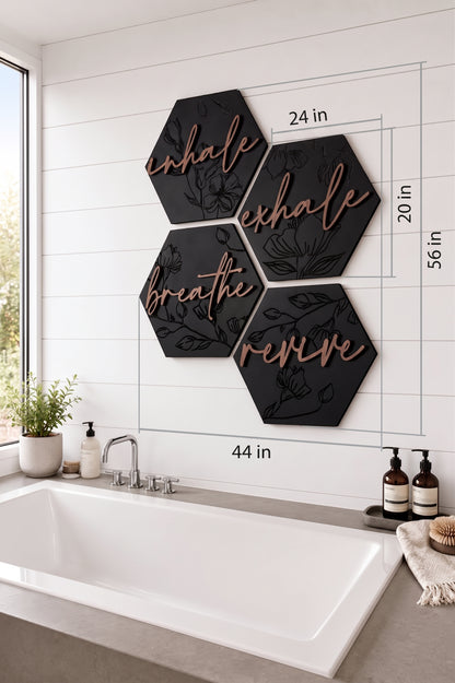 Black hexagon wooden wall art set with engraved floral linework and script text