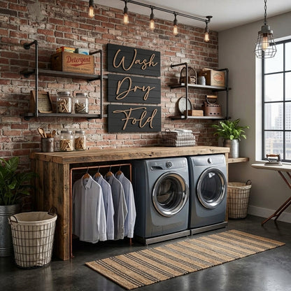 Shiplap wash-dry-fold wall sign set with three dark boards reading Wash, Dry, Fold