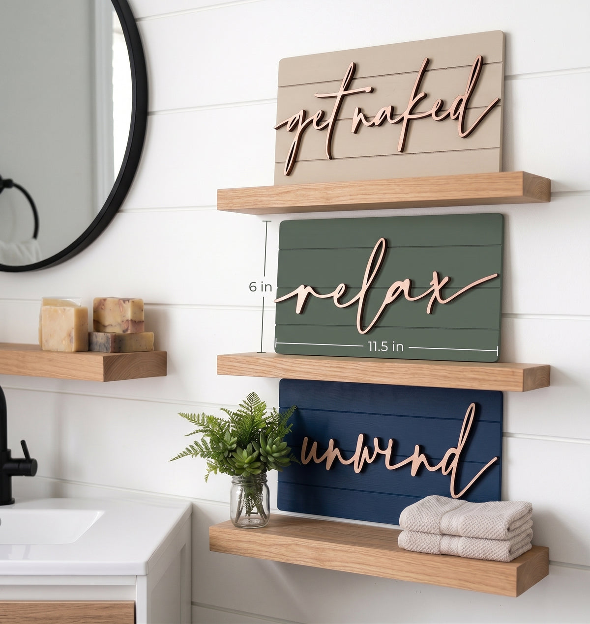 Shiplap wall sign set with shelves holding relax and unwind panels in green and navy