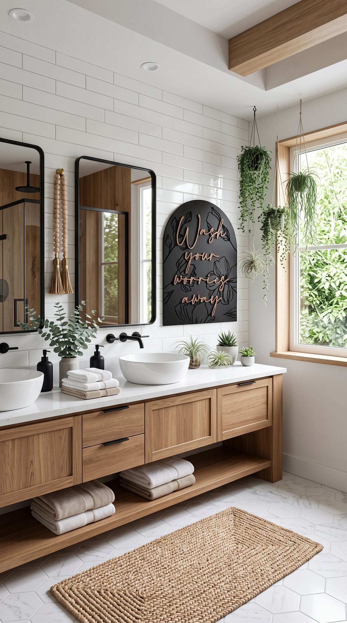 Arched black wall sign on bathroom wall with &