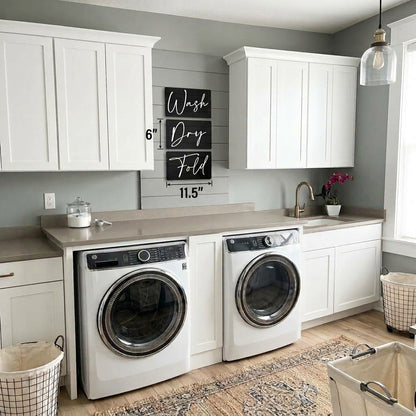 Shiplap wash-dry-fold wall sign set with three black boards and size marks 6" and 11.5"