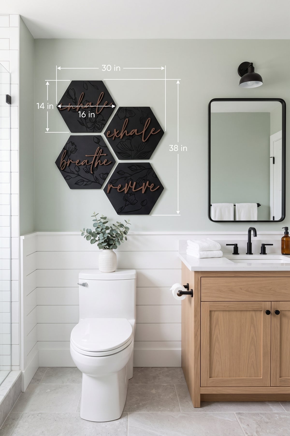 Black hexagon wooden wall art set with engraved floral motifs and script text arrangement