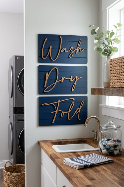 Shiplap wash-dry-fold wall sign set with three blue boards reading Wash, Dry, Fold