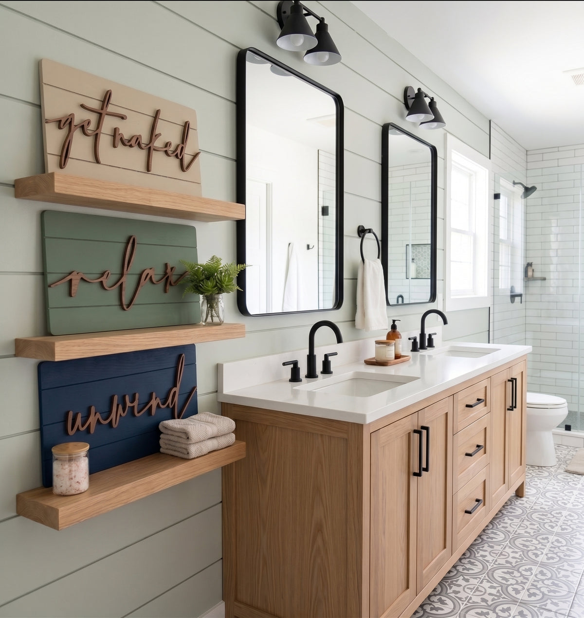 Shiplap wall sign set with wooden shelves and panels reading relax and unwind