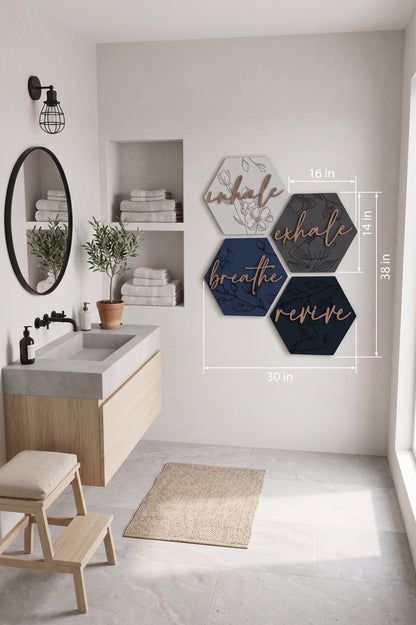 Hexagon wooden wall art set with engraved floral line art and script in blue and brown
