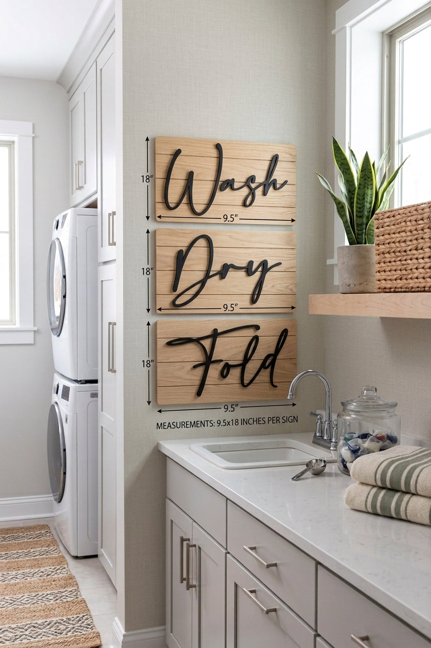 Shiplap wash-dry-fold sign set with three boards showing size measurements and Wash, Dry, Fold