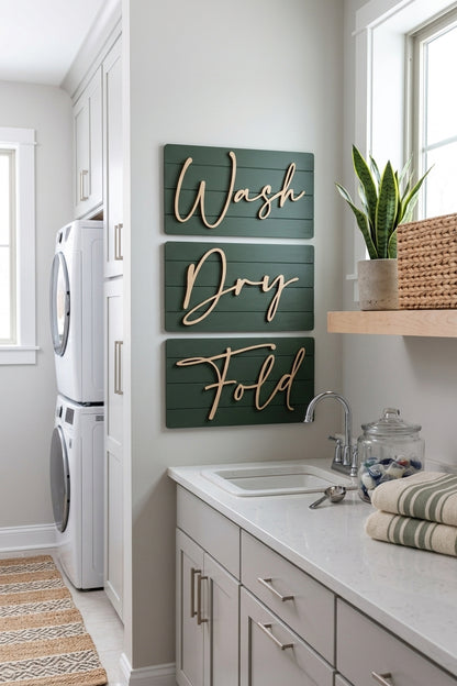 Shiplap wash-dry-fold wall sign set with three green boards reading Wash, Dry, Fold
