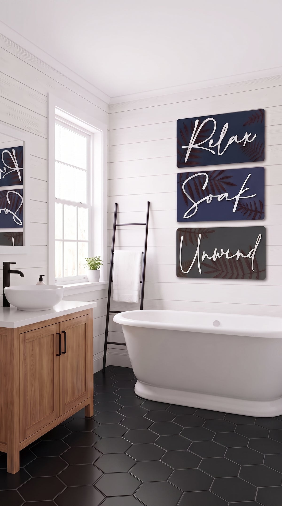 Botanical spa wall art set of three dark panels with gold leaves and script “Relax Soak Unwind”