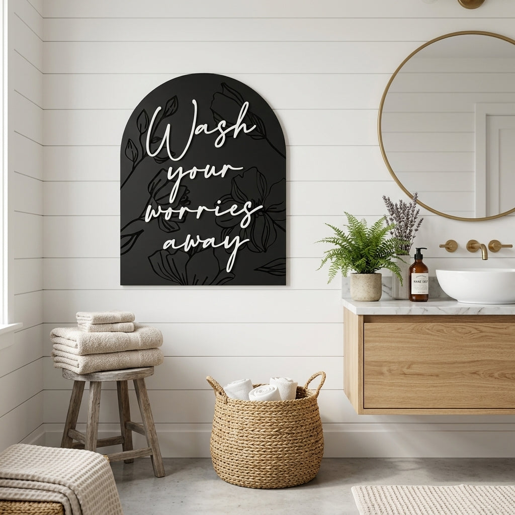 Arched black wall sign with gold and white &