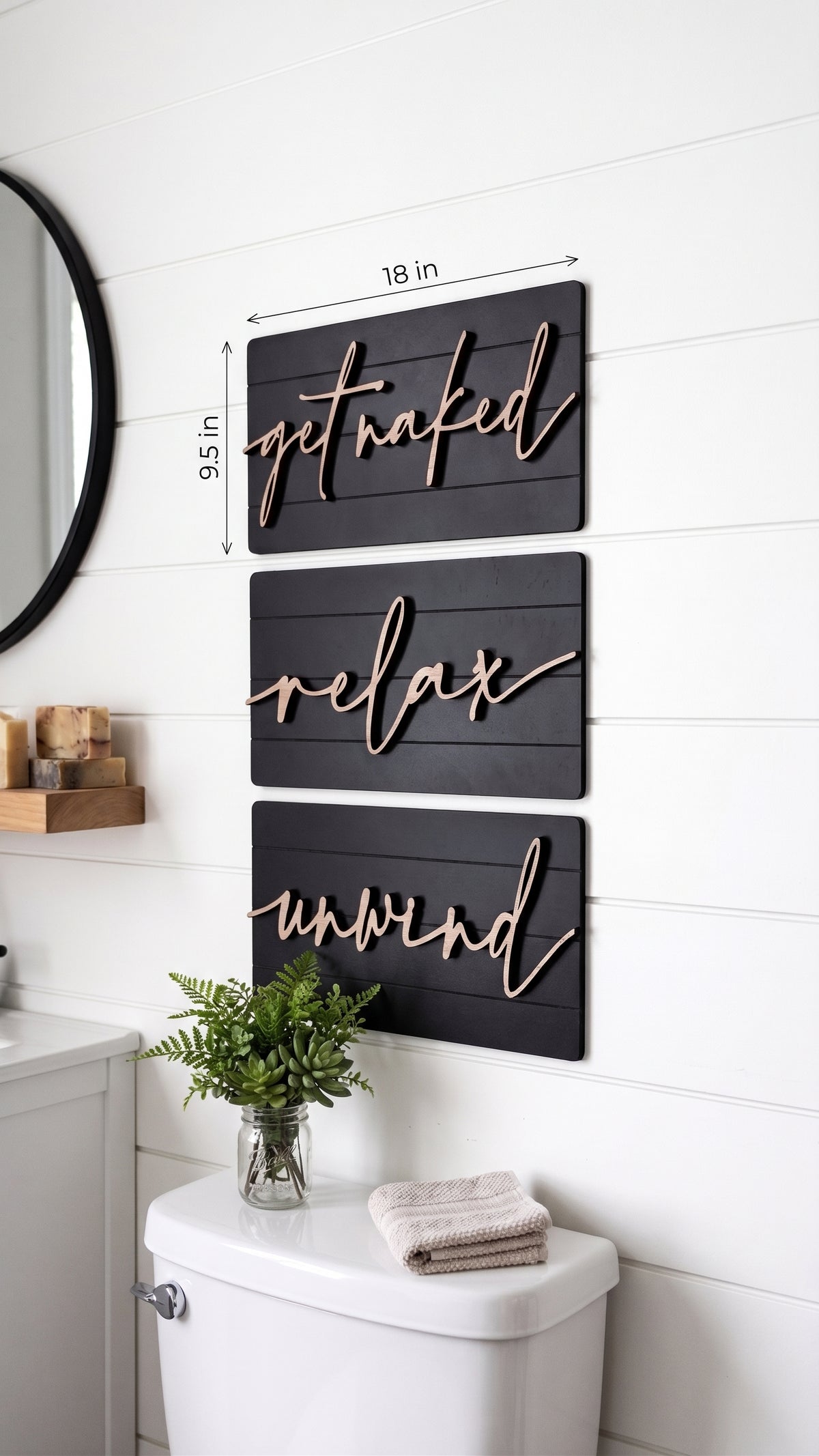 Shiplap wall sign set with three dark panels reading relax and unwind