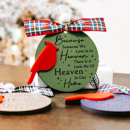 Cardinal memorial ornament with green oval tag, red cardinal cutout, plaid bow and beads