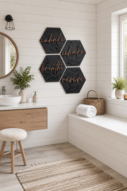 Hexagon wooden wall art set with engraved floral and script in black and darker tones