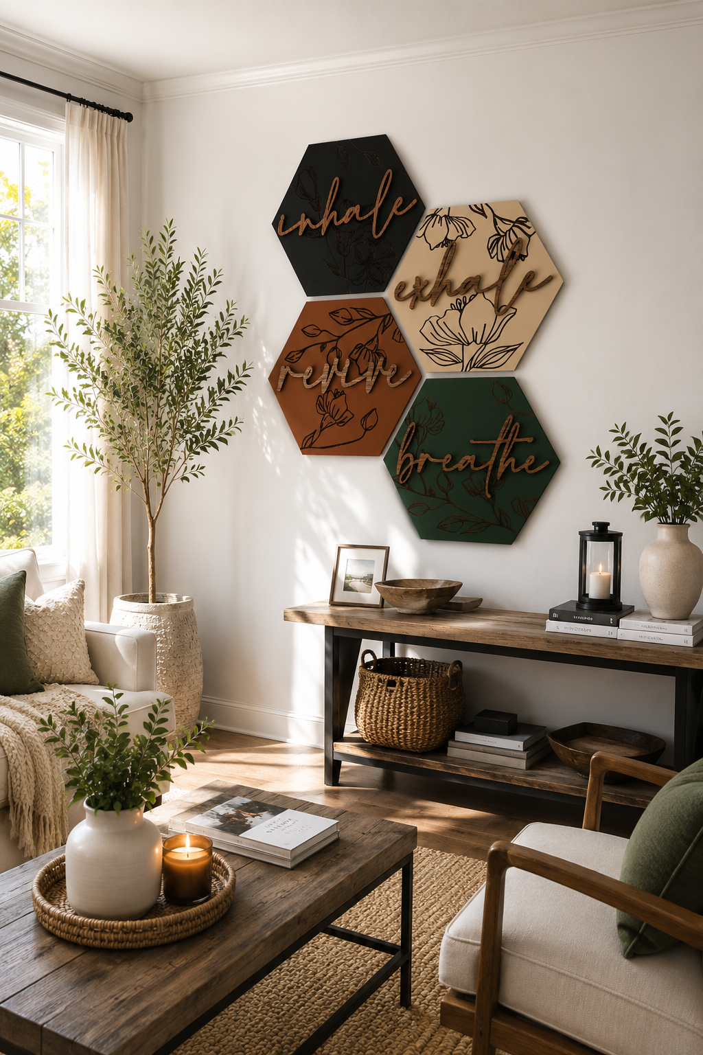 Hexagon wooden wall art set with engraved floral design and dark lettering, six panels
