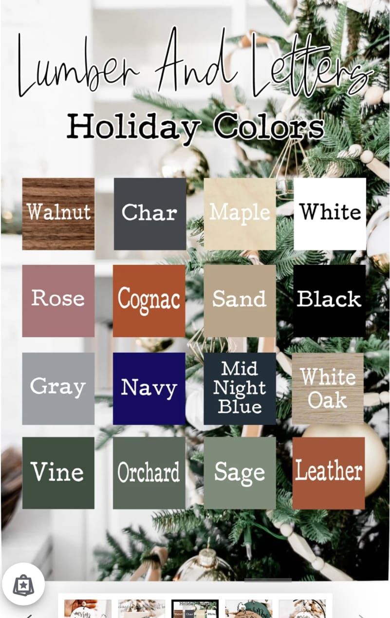 Personalized Christmas gift tag color swatches showing 16 wood and ink colors