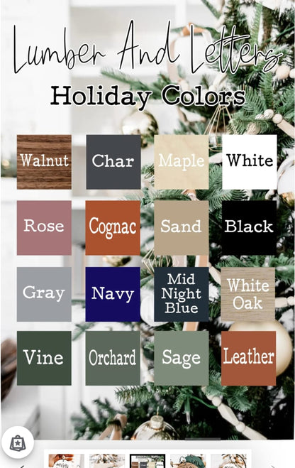 Personalized Christmas gift tag color swatches showing 16 wood and ink colors