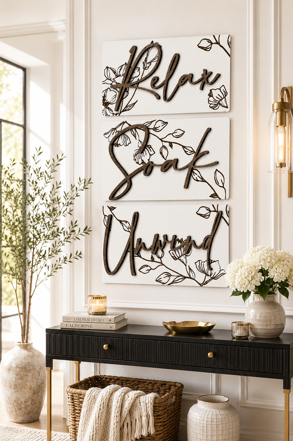 White floral wall art set of three engraved cursive signs with leaves and flowers
