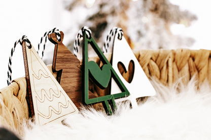 Wooden Christmas tree ornaments set with green and natural backs, heart cutouts, rope hangers