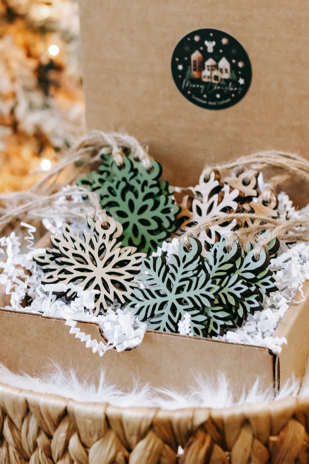 Mini wooden snowflake ornaments with green accents and twine loops