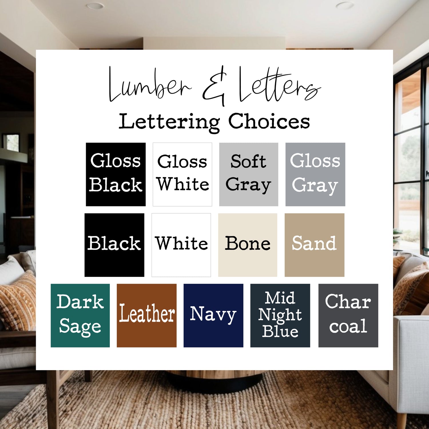 Framed kitchen sign with lettering sample board and color swatches