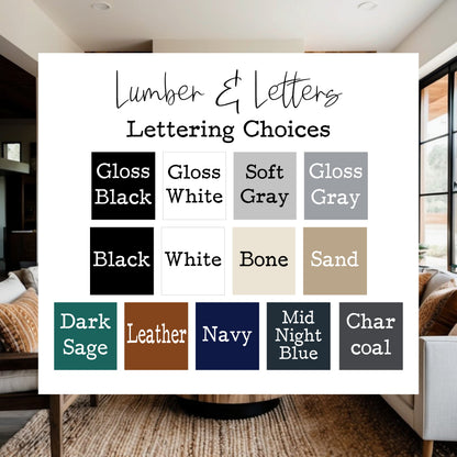 Framed kitchen sign with lettering sample board and color swatches