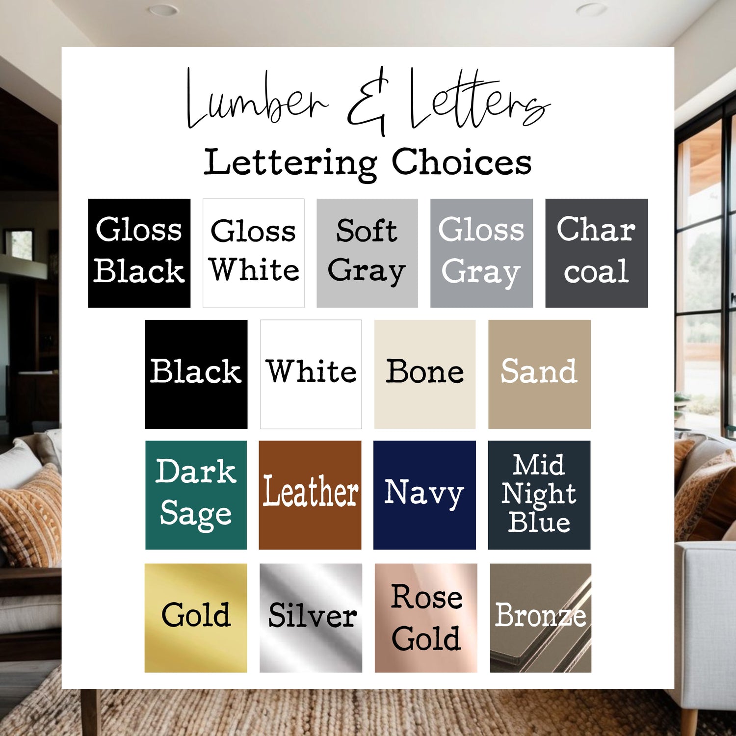 Bath sign color swatch board with letter options: black, white, bone, gold, navy, silver