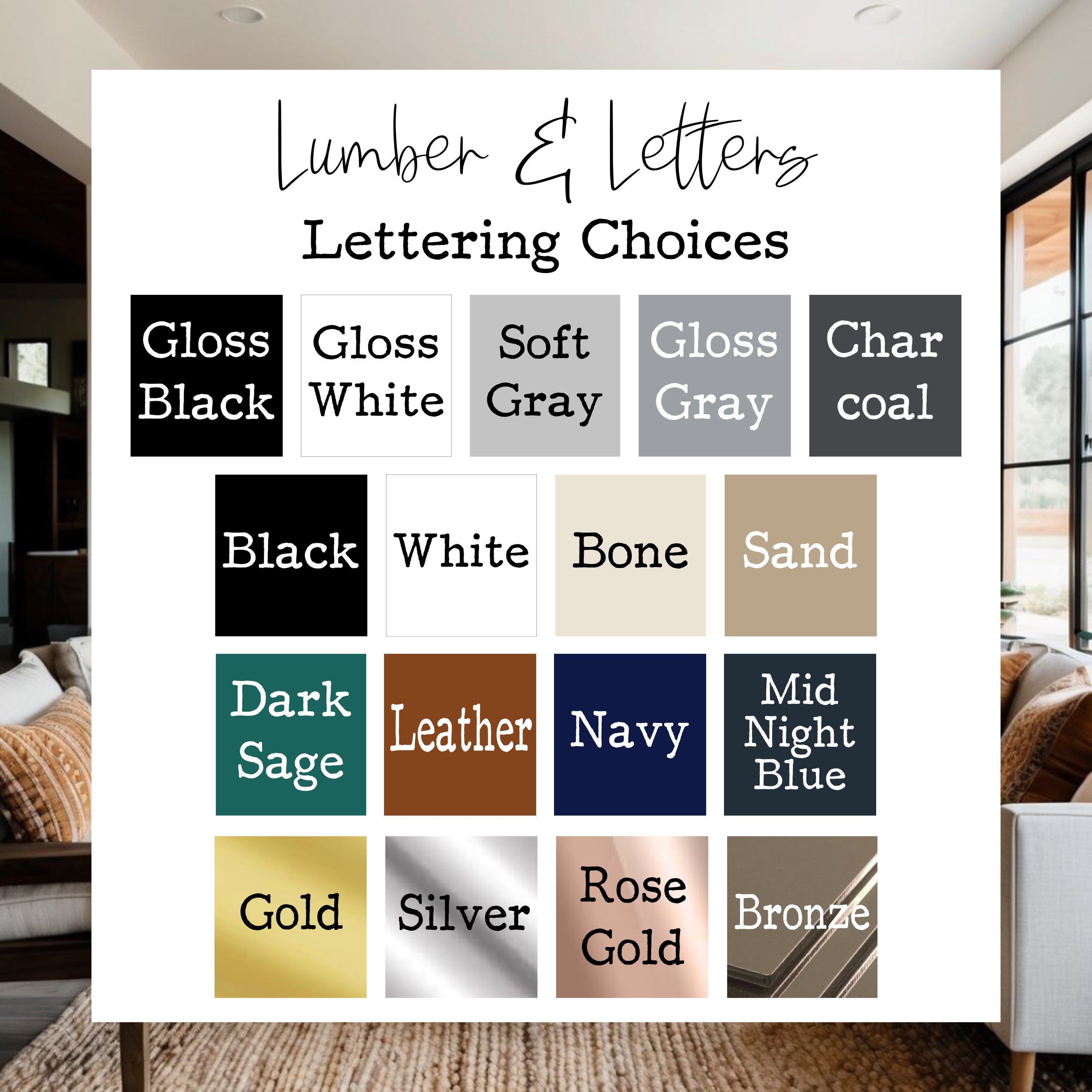 Bath sign color swatch board with letter options: black, white, bone, gold, navy, silver