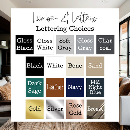 Bath sign color swatch board with letter options: black, white, bone, gold, navy, silver