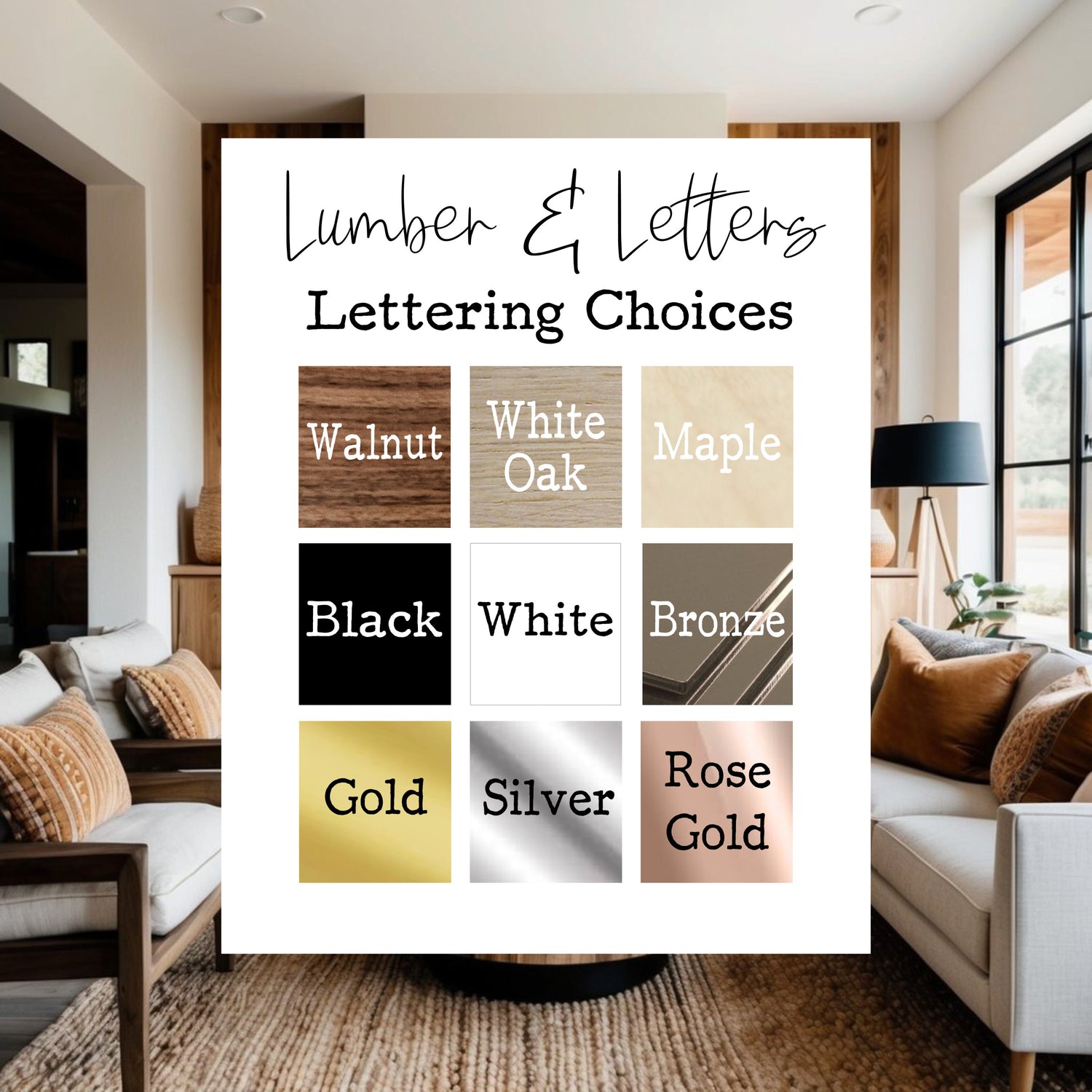Wooden wall art lettering choices board with color swatches