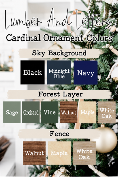 Cardinal ornament color options chart: black, midnight blue, navy; sage, orchard, vine