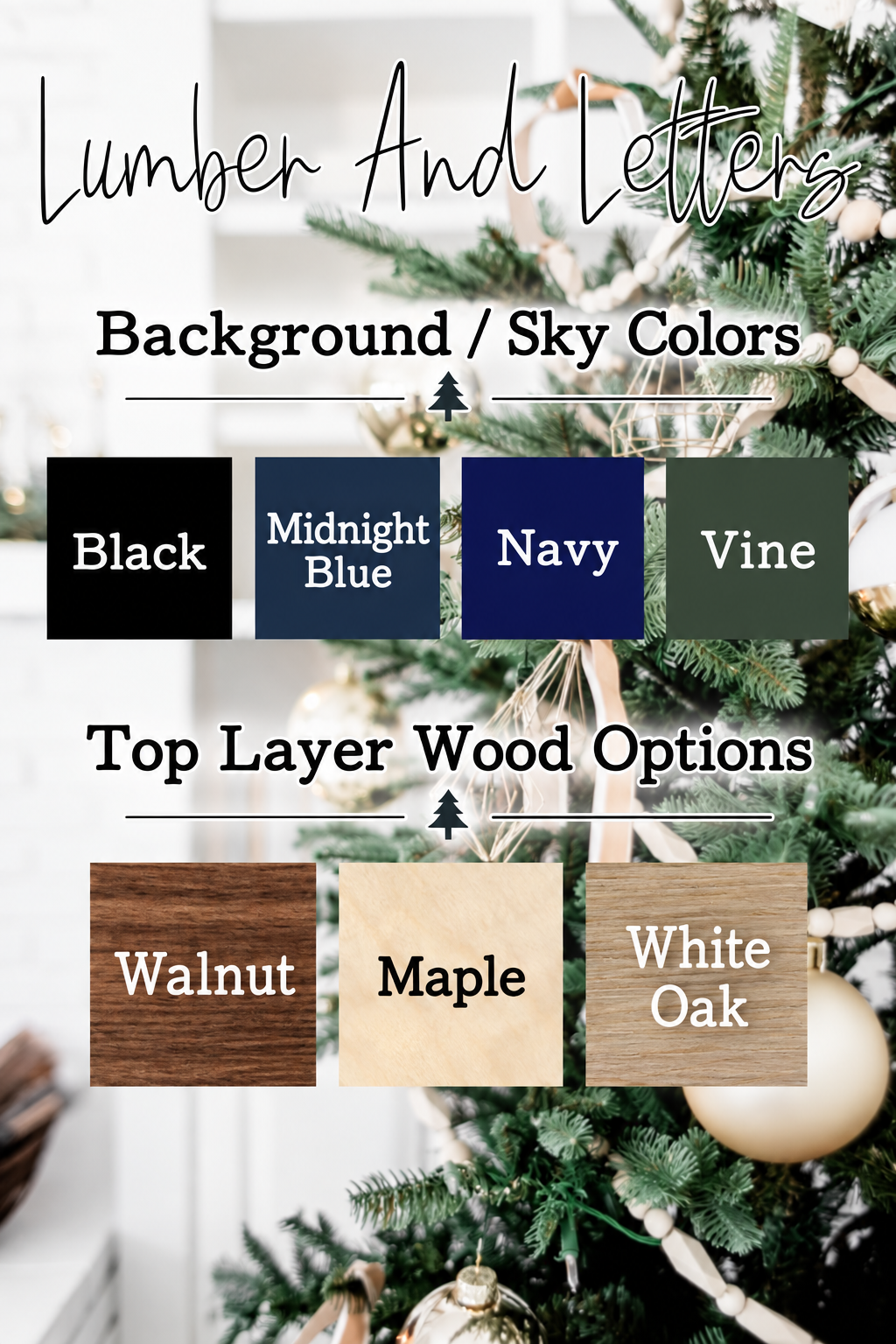 Personalized wooden lodge ornament design mockups with color options and wood finishes.
