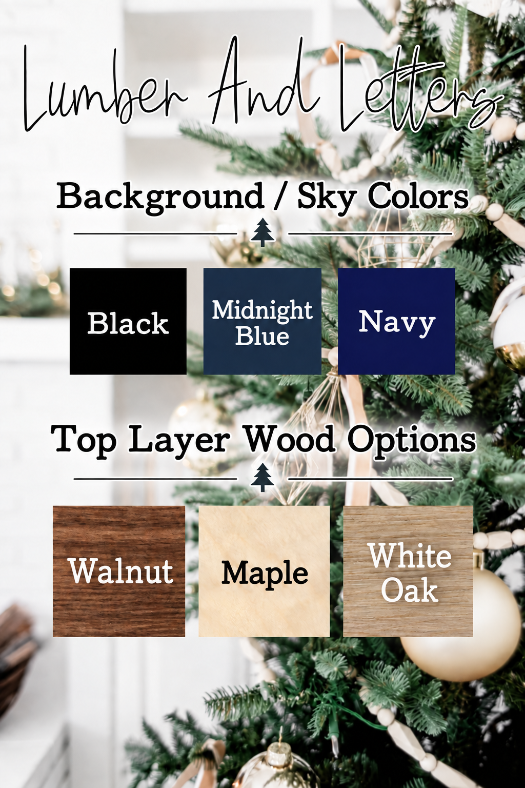 Personalized ZIP code Christmas ornament options: black, midnight blue, navy; walnut, maple, white oak